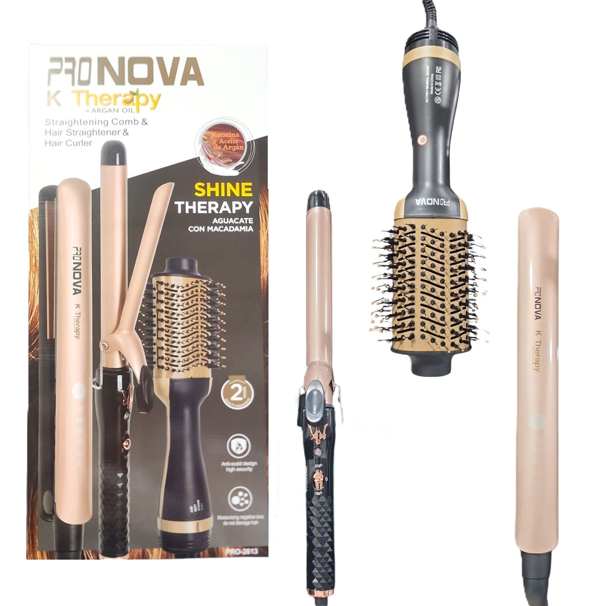 Kit Profesional PRONOVA Keratina Y Argán Cepillo + Plancha + Pinza Rizadora