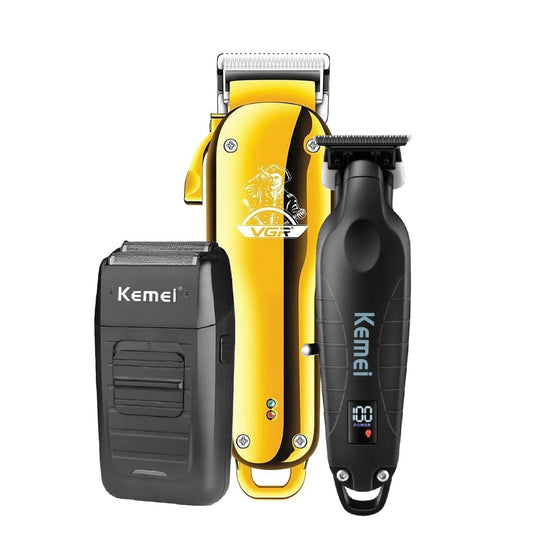 Combo De Peluqueria Maquina VGR + Patillera Kemei + Afeitadora Kemei